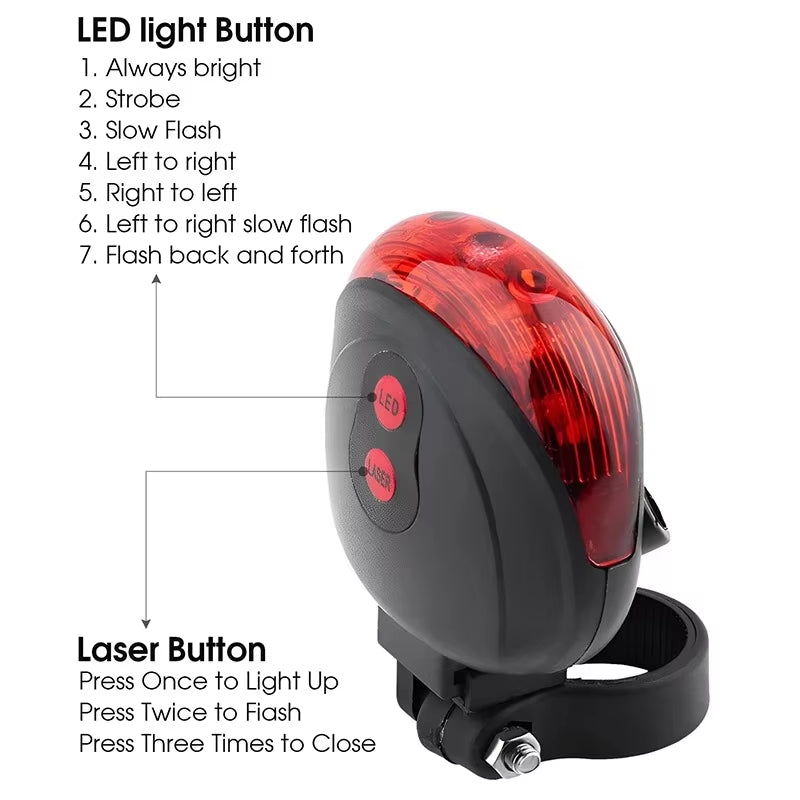 Bicycle LED Taillight with Dual Lasers – 5 LEDs, Waterproof Cycling Safety Warning Light for MTB and Road Bikes