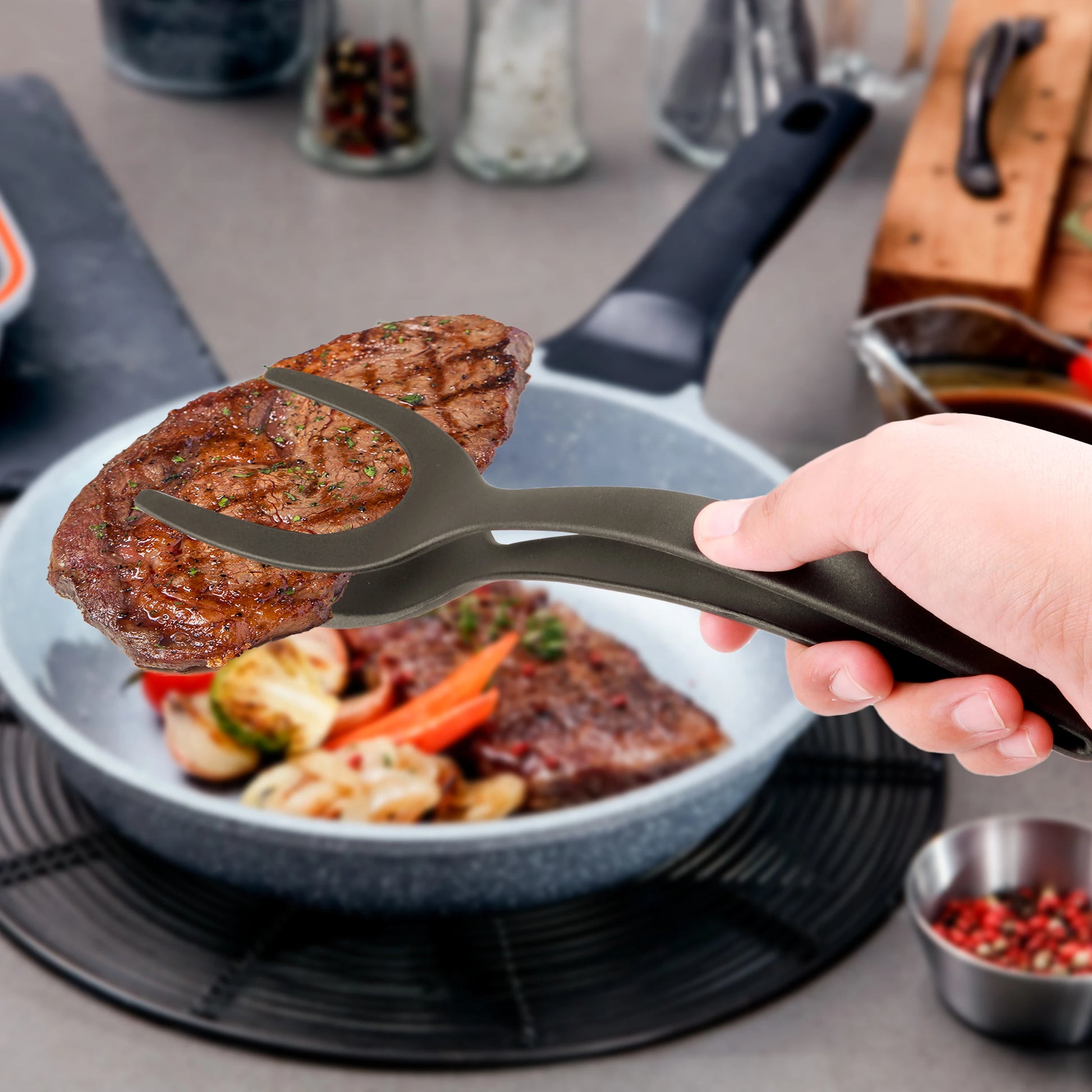 2-in-1 Nylon Grip Flip Tongs & Egg Spatula – Multi-Function Steak, Pancake, and Fried Food Turner with Clamp Design